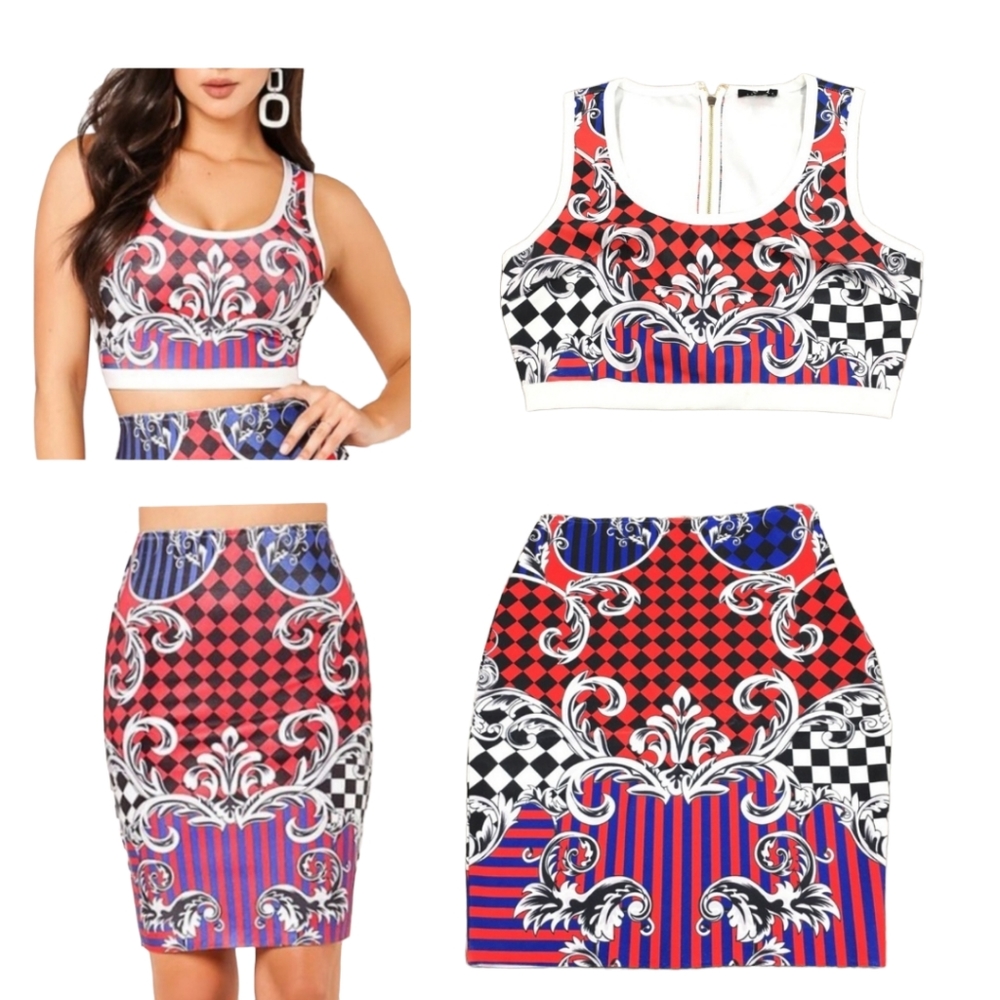 LAST ONE! NWT 2pc Wow Couture Red Checker Bandage Bodycon Crop Top & Skirt Set